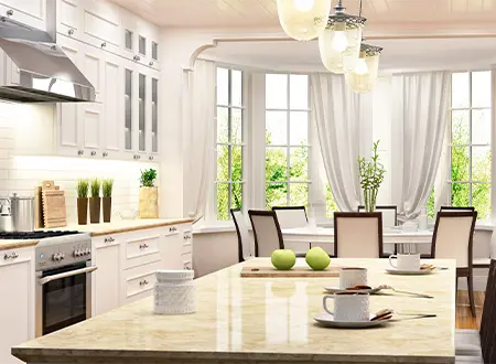 mid-century modern kitchen with island and sitting area
