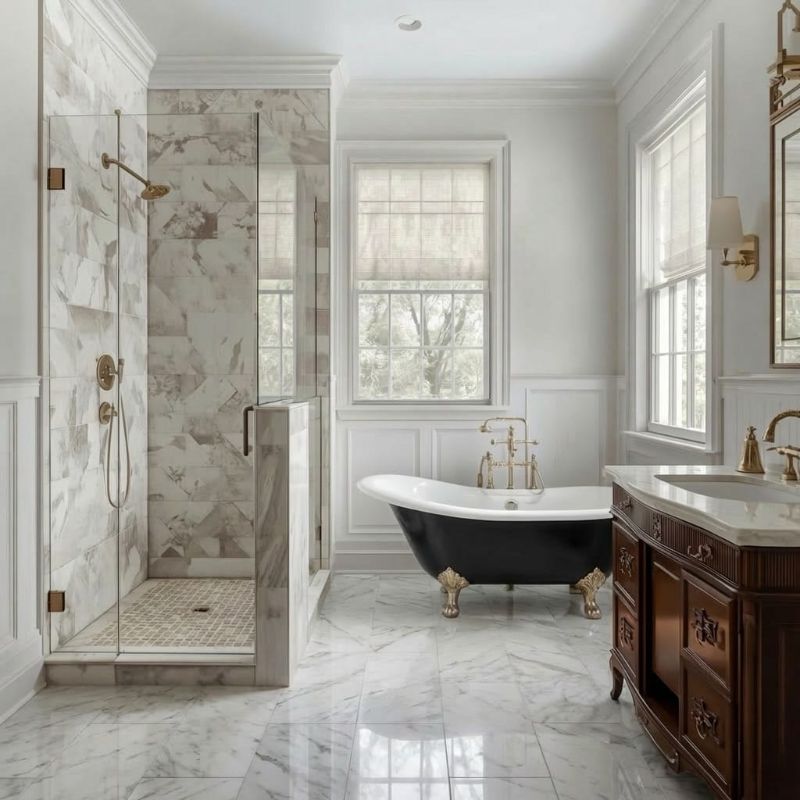 Timeless design never goes out of style. This bathroom blends classic elegance with modern craftsmanship — from the marble finishes to the custom vanity and statement tub. It’s a space designed to elevate everyday living. As a kitchen and bathroom company, this is the level of quality we strive to deliver on every project. Thoughtful design. Exceptional execution.