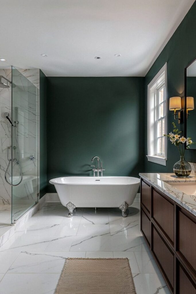 3D bathroom design concept for a homeowner in Somerville, MA. This rendering shows the planned layout for a custom bathroom walk-in shower, clawfoot tub and maple vanity installation by River City Construction.