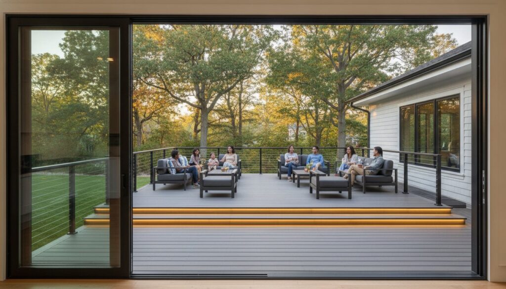 People relaxing on a modern outdoor deck, seated in a circle on gray lounge furniture with warm-lit steps and trees in the background.