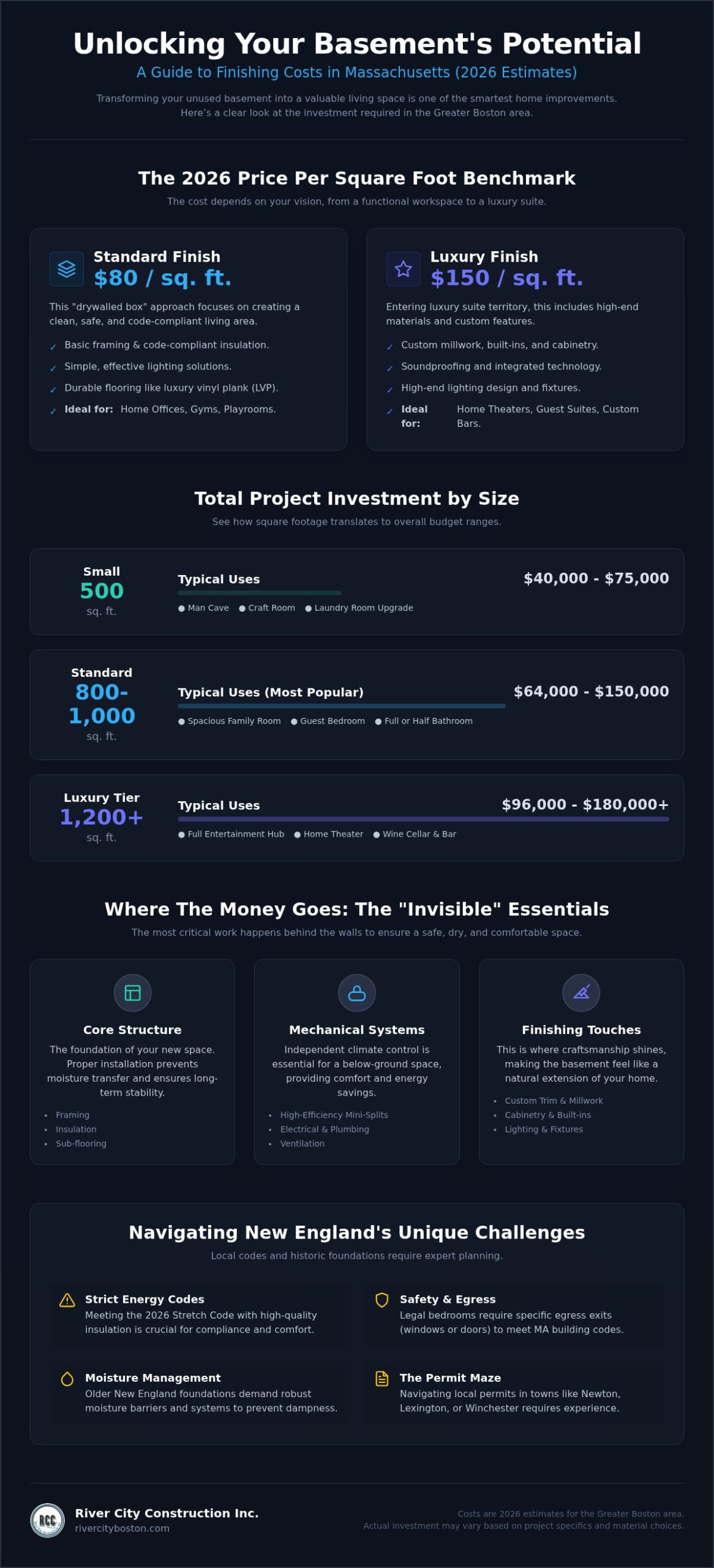 Cost to Finish a Basement in Massachusetts: A 2026 Homeowner’s Guide Infographic detailing 2026 basement finish costs in Massachusetts: price per sq ft ( standard, 0 luxury), project sizes (500–1200+ sq ft) and budget ranges, plus where the money goes and regional challenges.