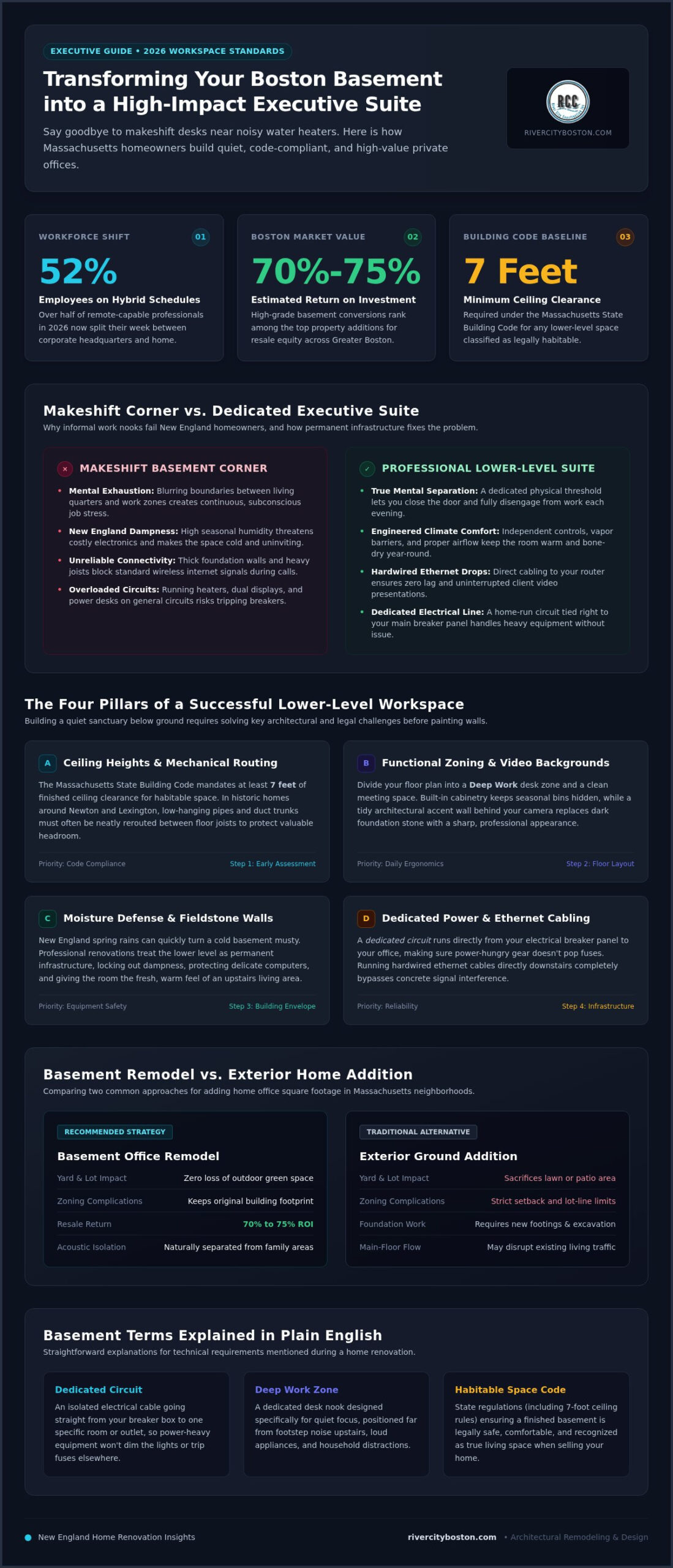 Basement Office Remodel: 2026 Guide for Boston Homeowners Infographic about transforming a Boston basement into a high-impact executive suite, with sections on workforce shift, value, and code baseline insights.